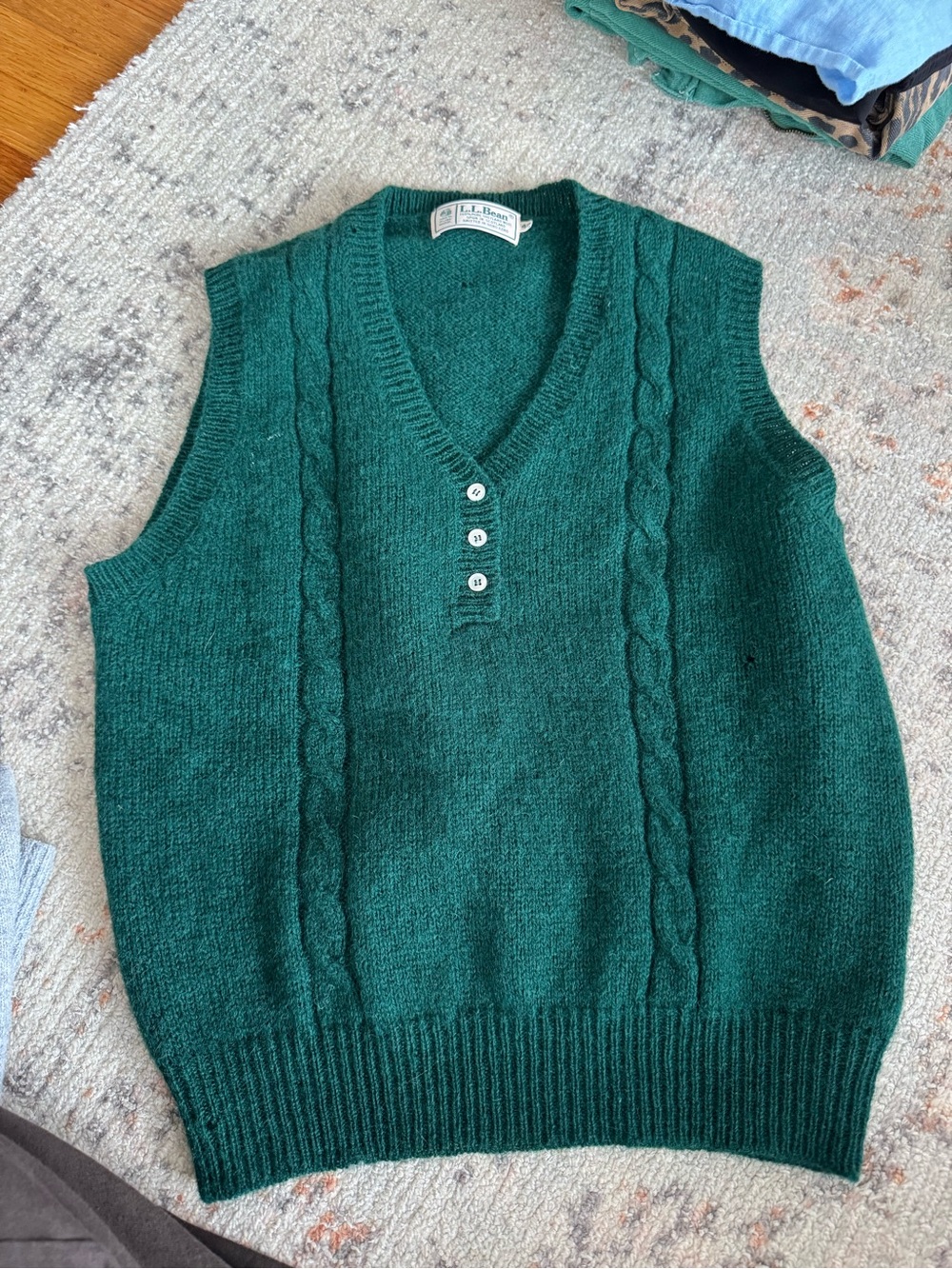Green Cable Knit Wool Vest with Button Placket- LL BEAN